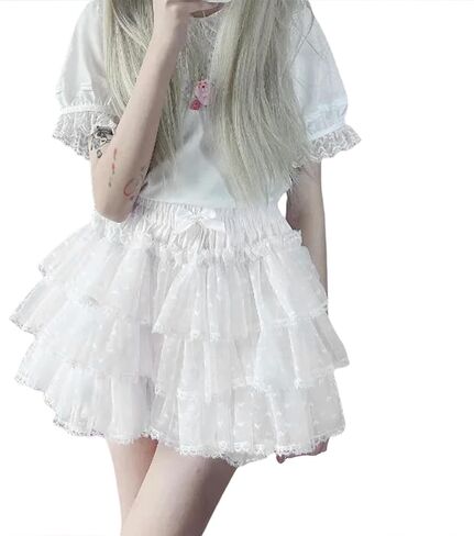 SOLILOQUY Women's Lolita Kawaii Mini Skirts Elastic Waist Tiered Ruffle Mini Skirts/Skort Japanese Korean Cute Sweet Skirt in Saudi Arabia