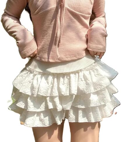 SOLILOQUY Women's Lolita Kawaii Mini Skirts Elastic Waist Tiered Ruffle Mini Skirts/Skort Japanese Korean Cute Sweet Skirt in Saudi Arabia