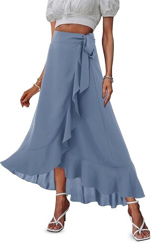 Beluring Womens Wrap Maxi Skirt High Waisted Tie Knot Summer Asymmetrical Flowy Beach Skirts in Kuwait