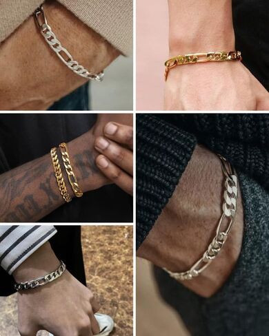 سوار سلسلة فيجارو قوي للرجال من الفولاذ المقاوم للصدأ، عرض 6/8/9 مم، طول 7.48/8.27 بوصة، سوار فيجارو مطلي بالذهب عيار 18 قيراط، إرسال صندوق هدايا in Kuwait