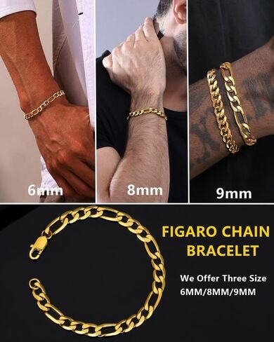 سوار سلسلة فيجارو قوي للرجال من الفولاذ المقاوم للصدأ، عرض 6/8/9 مم، طول 7.48/8.27 بوصة، سوار فيجارو مطلي بالذهب عيار 18 قيراط، إرسال صندوق هدايا in Kuwait