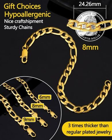 سوار سلسلة فيجارو قوي للرجال من الفولاذ المقاوم للصدأ، عرض 6/8/9 مم، طول 7.48/8.27 بوصة، سوار فيجارو مطلي بالذهب عيار 18 قيراط، إرسال صندوق هدايا in Kuwait