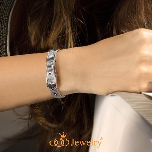 555Jewelry سوار من الفولاذ المقاوم للصدأ قابل للتعديل بإبزيم شبكي للنساء in Kuwait