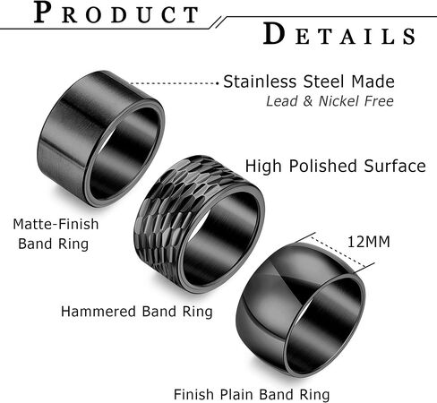 NICEIGHT 3PCS 12MM Stainless Steel Band Rings for Men Women Wide Chunky Rings Thumb Rings Matte Finish Plain Wedding Band Ring Hammered Comfort Fit Size 7-13 in Saudi Arabia