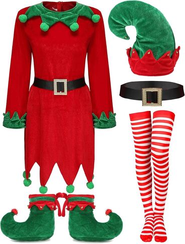 Miulruma النساء عيد الميلاد قزم زي للبالغين سانتا مساعد زي عيد الميلاد الزي مع قزم قبعة الأحذية حزام جوارب مخططة in Kuwait