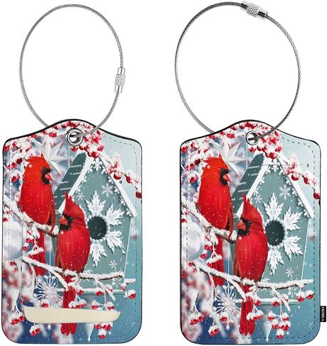 علامات الأمتعة EKOBLA Red Cardinal، طائران يجلسان على الفروع المغطاة بالثلوج، حقائب الأمتعة، علامة مع حلقة من الفولاذ المقاوم للصدأ، ملصق معرف الاسم، غطاء الخصوصية in Kuwait