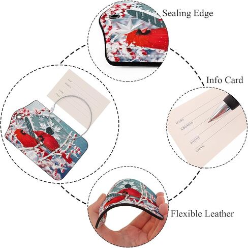 علامات الأمتعة EKOBLA Red Cardinal، طائران يجلسان على الفروع المغطاة بالثلوج، حقائب الأمتعة، علامة مع حلقة من الفولاذ المقاوم للصدأ، ملصق معرف الاسم، غطاء الخصوصية in Kuwait