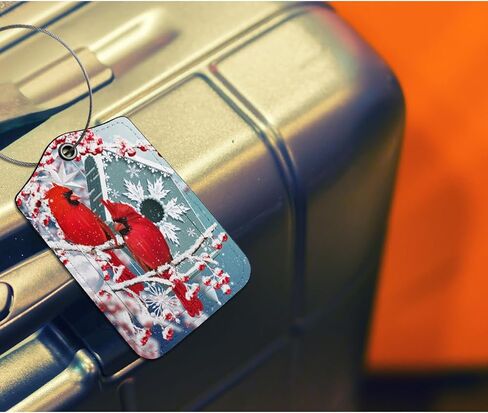 علامات الأمتعة EKOBLA Red Cardinal، طائران يجلسان على الفروع المغطاة بالثلوج، حقائب الأمتعة، علامة مع حلقة من الفولاذ المقاوم للصدأ، ملصق معرف الاسم، غطاء الخصوصية in Kuwait