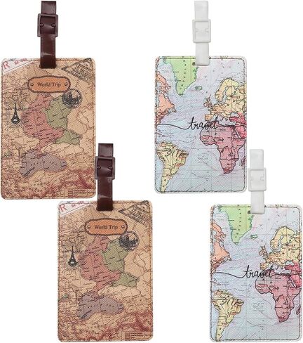 4Pcs World Map Luggage Tags,Artificial Leather Name Travel Baggage Labels ID Identifier Labels for Suitcase Travel Bag Accessories in Saudi Arabia