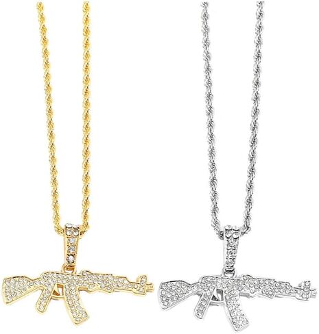 اكس سي اف اس مجموعة واحدة من قطعتين من تيتانيوم ستيل حفر كامل من الزركونيا المكعبة بدلاية على شكل مسدس رشاش مطلي بالفضة والذهب، قلادات معدنية مرصعة بالزركونيا المكعبة in Kuwait