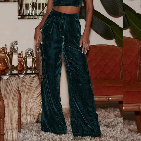 Velvet Pants for Women High Waist Loose Wide Leg Pants Casual Office Velour Long Trousers with Pockets in Saudi Arabia
