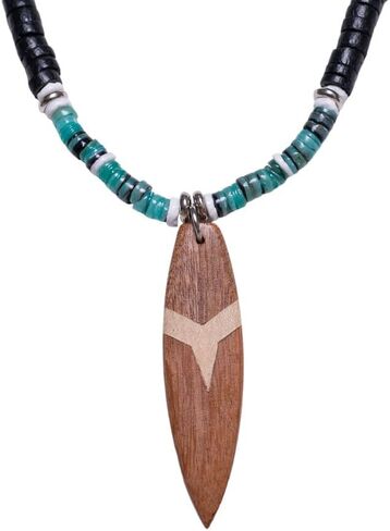 BlueRica Wood Surfboard on Black Coconut Beads & Green Heishi Shells Necklace in Saudi Arabia