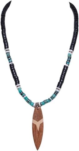 BlueRica Wood Surfboard on Black Coconut Beads & Green Heishi Shells Necklace in Saudi Arabia