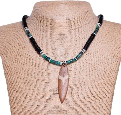 BlueRica Wood Surfboard on Black Coconut Beads & Green Heishi Shells Necklace in Saudi Arabia