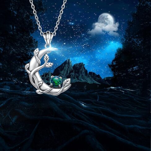 Mic Tai 925 Sterling Silver Opal Moon Necklace - Vintage Crescent Moon Pendant Fire Opal Planet Earth Jewelry Gifts for Women Girls, Sterling Silver, Opal in Kuwait