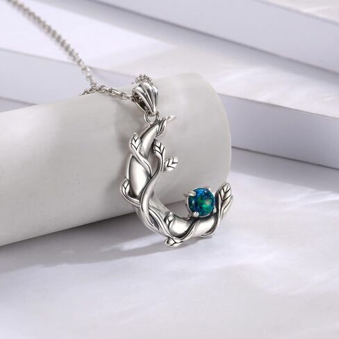 Mic Tai 925 Sterling Silver Opal Moon Necklace - Vintage Crescent Moon Pendant Fire Opal Planet Earth Jewelry Gifts for Women Girls, Sterling Silver, Opal in Kuwait