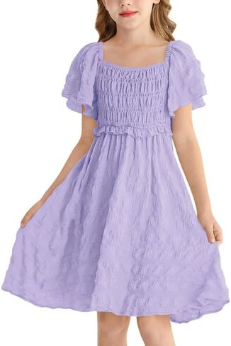 BesserBay Summer Girls Square Neck Smocked Short Sleeve Solid Midi Dress 5-14 Years in Saudi Arabia