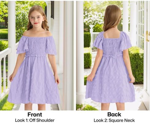 BesserBay Summer Girls Square Neck Smocked Short Sleeve Solid Midi Dress 5-14 Years in Saudi Arabia