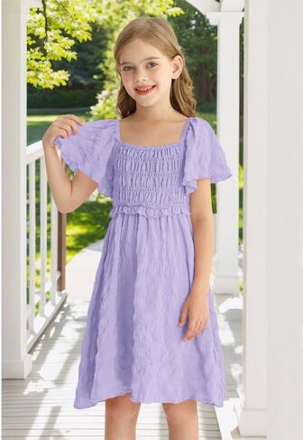 BesserBay Summer Girls Square Neck Smocked Short Sleeve Solid Midi Dress 5-14 Years in Saudi Arabia