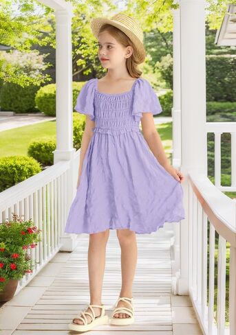 BesserBay Summer Girls Square Neck Smocked Short Sleeve Solid Midi Dress 5-14 Years in Saudi Arabia