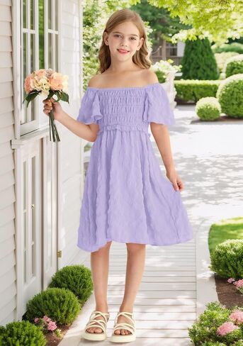 BesserBay Summer Girls Square Neck Smocked Short Sleeve Solid Midi Dress 5-14 Years in Saudi Arabia