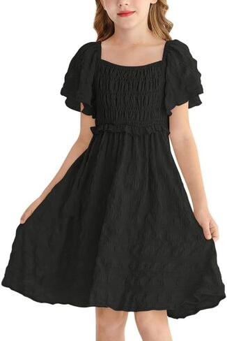 BesserBay Summer Girls Square Neck Smocked Short Sleeve Solid Midi Dress 5-14 Years in Saudi Arabia