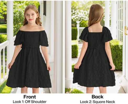 BesserBay Summer Girls Square Neck Smocked Short Sleeve Solid Midi Dress 5-14 Years in Saudi Arabia