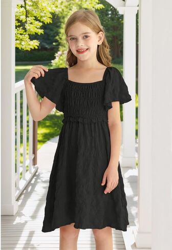 BesserBay Summer Girls Square Neck Smocked Short Sleeve Solid Midi Dress 5-14 Years in Saudi Arabia