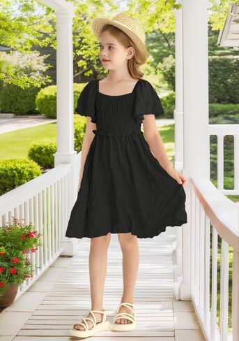 BesserBay Summer Girls Square Neck Smocked Short Sleeve Solid Midi Dress 5-14 Years in Saudi Arabia