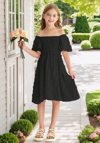 BesserBay Summer Girls Square Neck Smocked Short Sleeve Solid Midi Dress 5-14 Years in Saudi Arabia