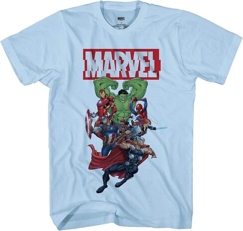 Marvel Boys Comics Avengers Shirt - Spiderman, Ironman, Captain America & Hulk Tee - Throwback Classic T-Shirt (Light Blue, Large) in Saudi Arabia
