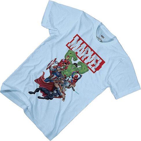 Marvel Boys Comics Avengers Shirt - Spiderman, Ironman, Captain America & Hulk Tee - Throwback Classic T-Shirt (Light Blue, Large) in Saudi Arabia