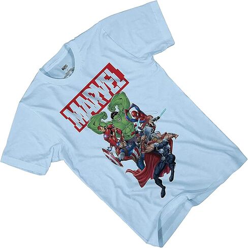 Marvel Boys Comics Avengers Shirt - Spiderman, Ironman, Captain America & Hulk Tee - Throwback Classic T-Shirt (Light Blue, Large) in Saudi Arabia