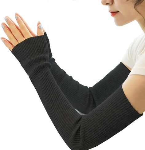 TOPWEL المرأة تدفئة الذراع الشتاء لينة أصابع قفازات متماسكة القفاز قفازات طويلة صوف قابلة للتمدد مع فتحة الإبهام (أسود) in Kuwait