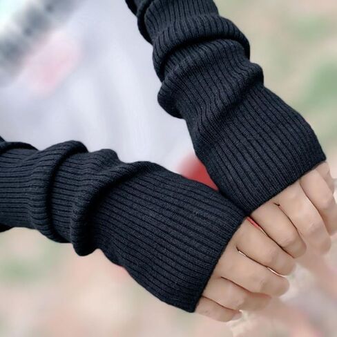 TOPWEL المرأة تدفئة الذراع الشتاء لينة أصابع قفازات متماسكة القفاز قفازات طويلة صوف قابلة للتمدد مع فتحة الإبهام (أسود) in Kuwait