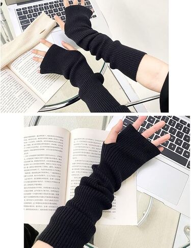 TOPWEL المرأة تدفئة الذراع الشتاء لينة أصابع قفازات متماسكة القفاز قفازات طويلة صوف قابلة للتمدد مع فتحة الإبهام (أسود) in Kuwait