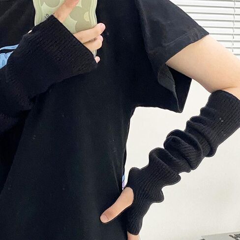 TOPWEL المرأة تدفئة الذراع الشتاء لينة أصابع قفازات متماسكة القفاز قفازات طويلة صوف قابلة للتمدد مع فتحة الإبهام (أسود) in Kuwait