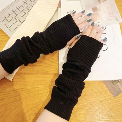 TOPWEL المرأة تدفئة الذراع الشتاء لينة أصابع قفازات متماسكة القفاز قفازات طويلة صوف قابلة للتمدد مع فتحة الإبهام (أسود) in Kuwait