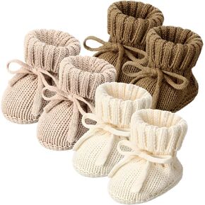 3 Pairs Baby Booties Newborn Baby Shoes 0-6 Months First Walkers Cozy Shoes Knitted Baby Booties for Infant Boy Girl