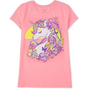 The Children's Place Girls' Short Sleeve Multi-Color Graphic T-Shirt, Floral Unicorn, Small
