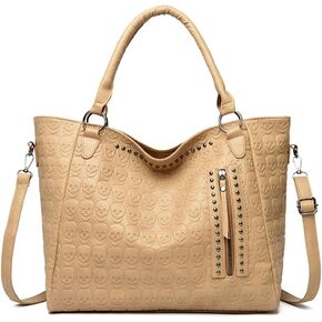 Women Skull Large Tote Bag Rivet Studded Handbag PU Leather Gothic Purse Printing Shoulder Bag Punk Satchel Black