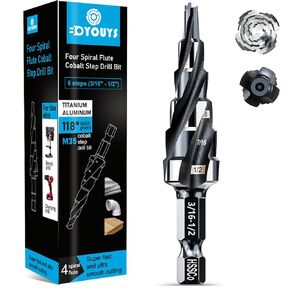 M35 Four Spiral Flute Step Drill Bit Set 1/4" - 1-3/8" （19 Sizes, 1/4" Hex Shank Unibit Step Drill bit, Impact Resistant M35 Cobalt Step Drill Bit, for Stainless Steel, Wood, Aluminum, Plastic