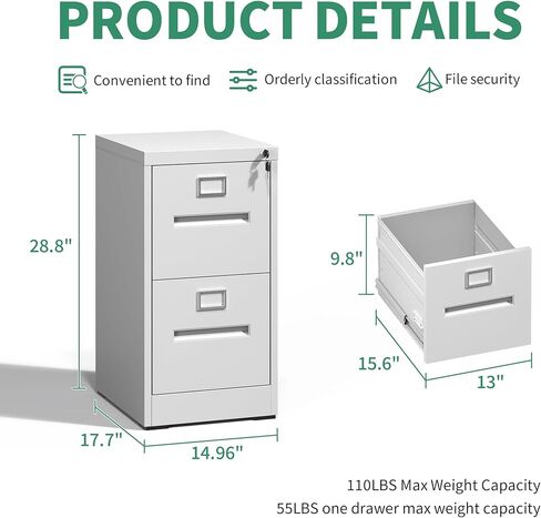 2 Drawer File Cabinet,Metal Filing Cabinets with Lock,Black Vertical File Cabinet for Home Office,Heavy Duty Metal Storage Cabinet for A4/Letter/Legal Size File,Assembly Required in Saudi Arabia