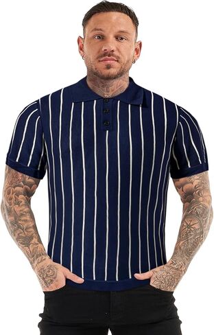 GINGTTO Mens Polo Shirts Short Sleeve Slim Fit Knitted Summer Polos for Men Business Casual T Shirts Button Up Black and White Stripe L in Saudi Arabia