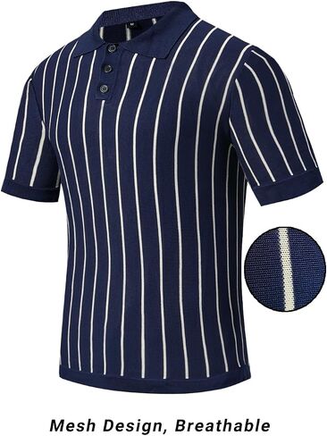 GINGTTO Mens Polo Shirts Short Sleeve Slim Fit Knitted Summer Polos for Men Business Casual T Shirts Button Up Black and White Stripe L in Saudi Arabia