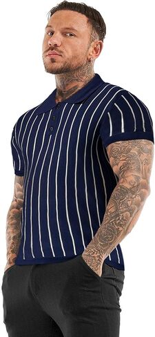 GINGTTO Mens Polo Shirts Short Sleeve Slim Fit Knitted Summer Polos for Men Business Casual T Shirts Button Up Black and White Stripe L in Saudi Arabia