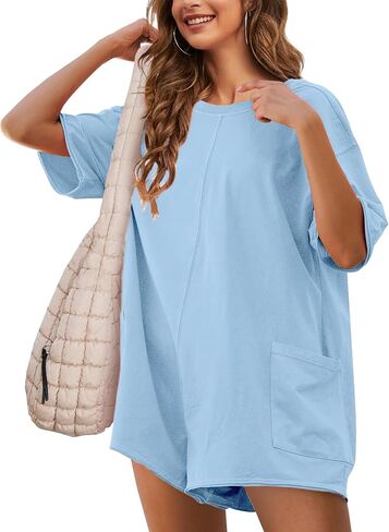 Athletic Jumpsuits Back V Neck Workout T-shirt Rompers Short Sleeve Oversized Onesie Casual Activewear(otPink-M) in Saudi Arabia