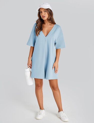 Athletic Jumpsuits Back V Neck Workout T-shirt Rompers Short Sleeve Oversized Onesie Casual Activewear(otPink-M) in Saudi Arabia