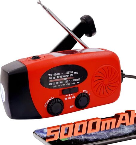 5000mAh Emergency Crank Weather Radio, iRonsnow NOAA/FM/AM Solar Radios, Portable Survival Radio with SOS, Earphone Jack, 1W 4 Modes LED Flashlight, Cell Phone Charger for Camping Hiking in Kuwait