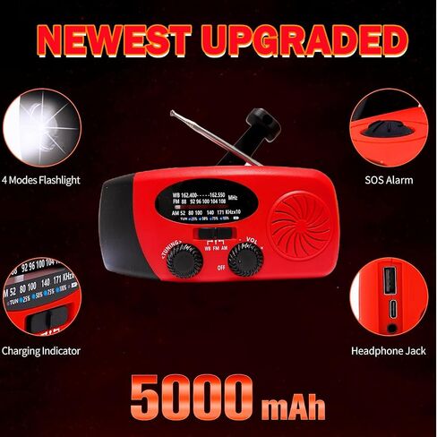 5000mAh Emergency Crank Weather Radio, iRonsnow NOAA/FM/AM Solar Radios, Portable Survival Radio with SOS, Earphone Jack, 1W 4 Modes LED Flashlight, Cell Phone Charger for Camping Hiking in Kuwait